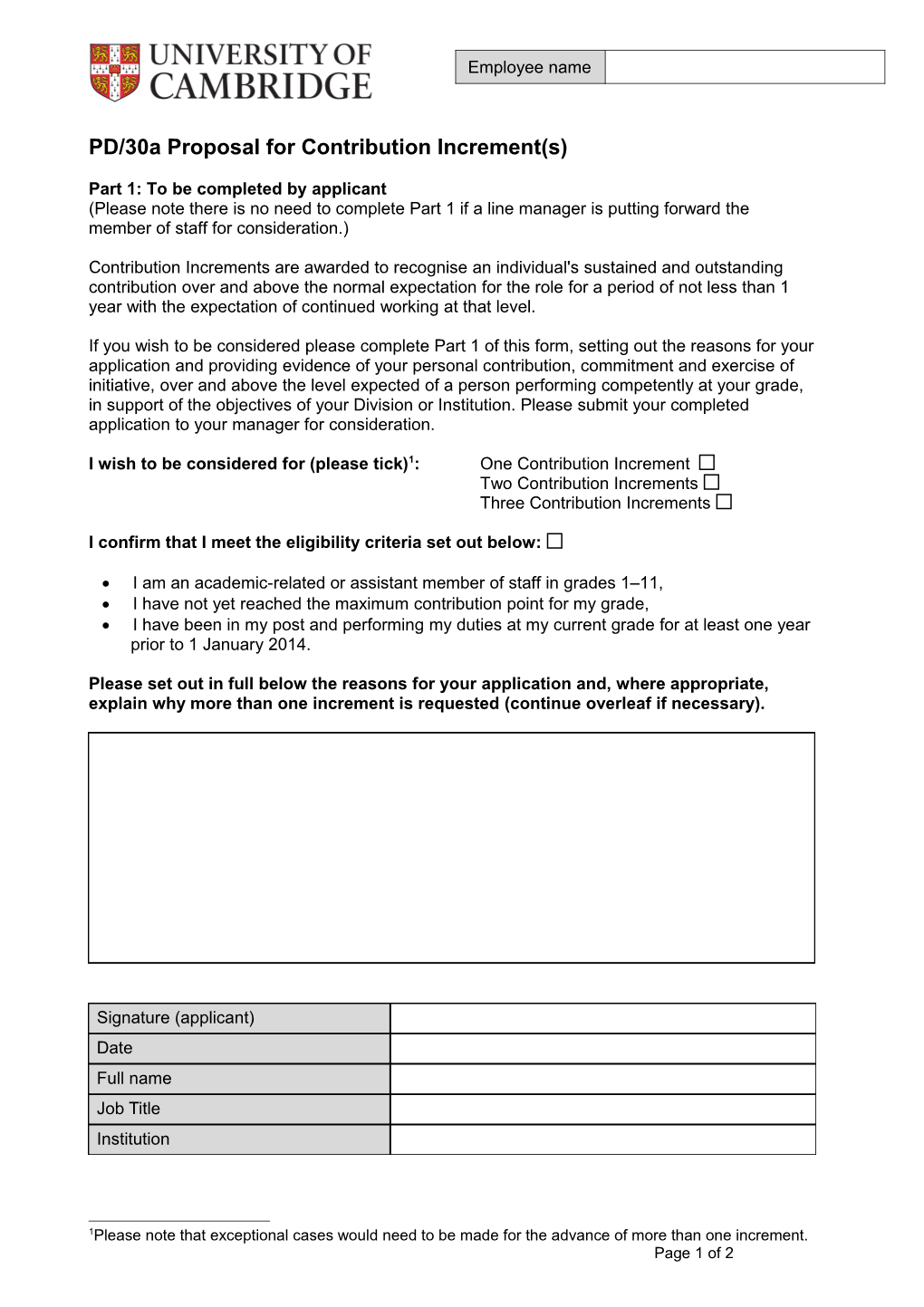 PD/30A Proposal for Contribution Increment(S)