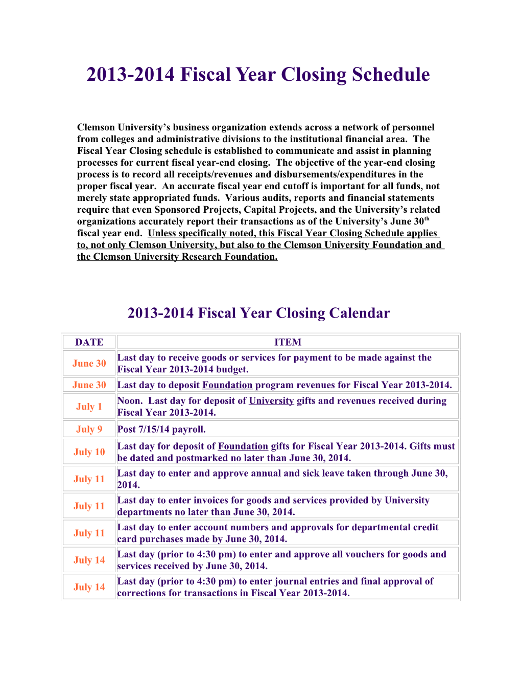 2004-2005 Fiscal Year Closing Schedule