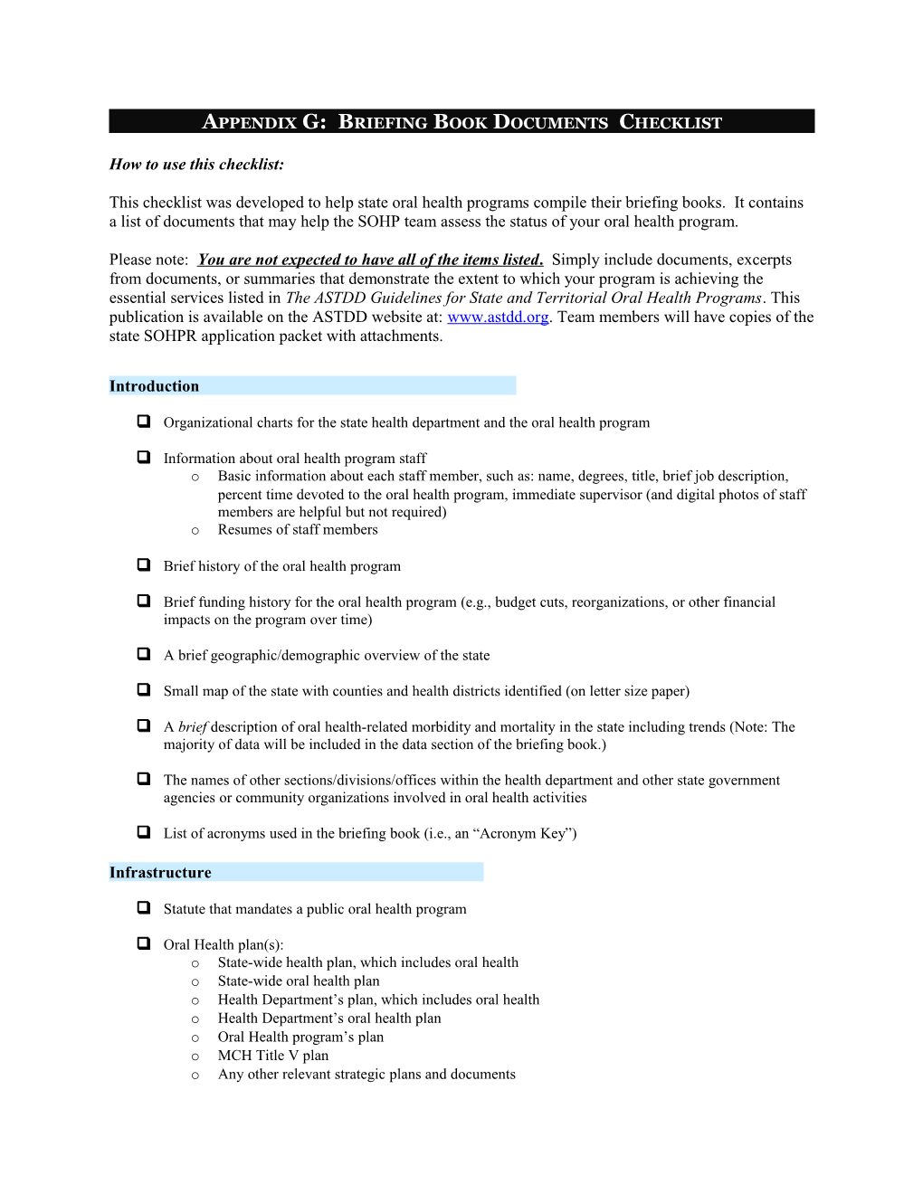 Appendix G: Briefing Book Documents Checklist