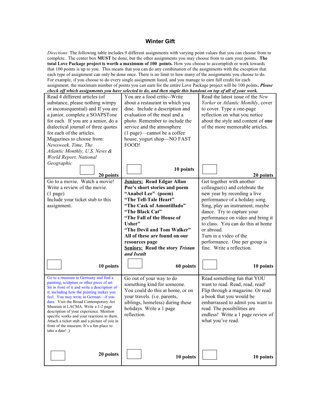 Directions: the Following Table Includes 9 Different Assignments with Varying Point Values