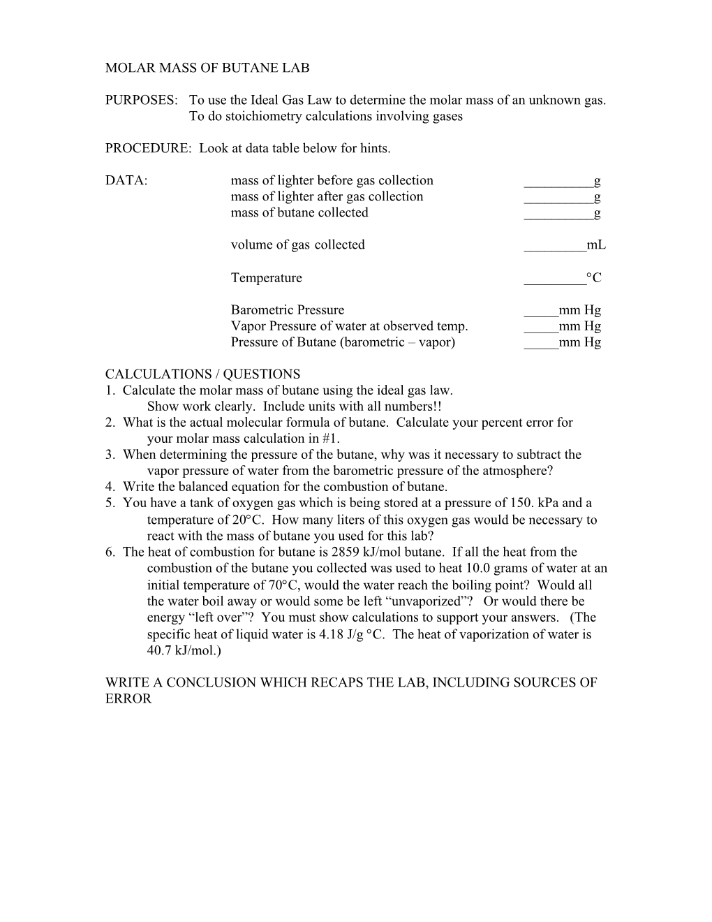 Molar Mass of Butane Lab