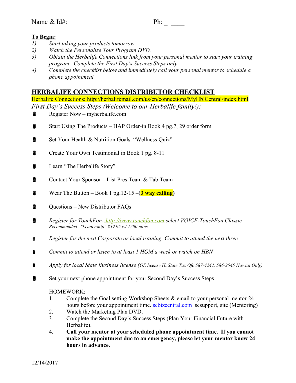 Herbalife Connections Distributor Checklist
