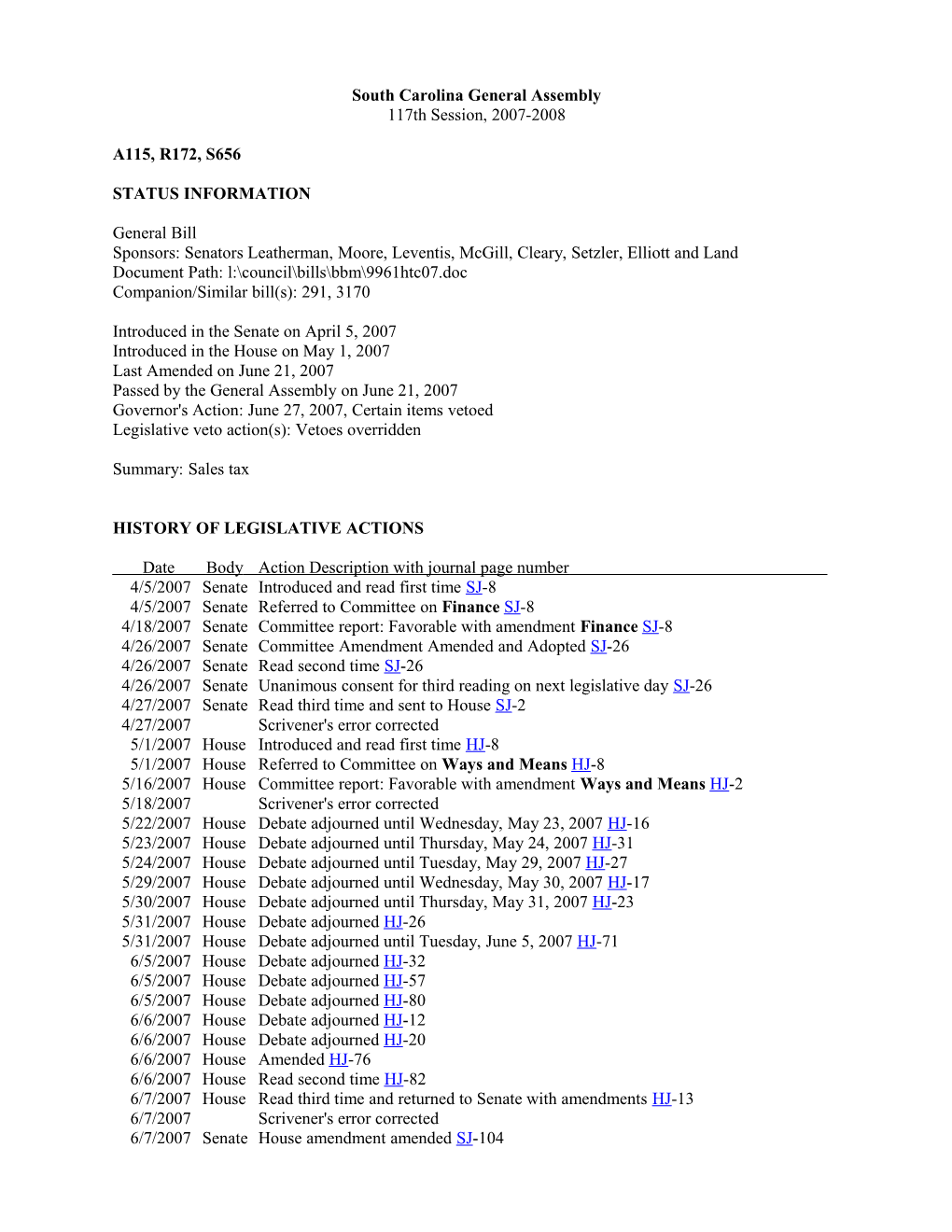 2007-2008 Bill 656: Sales Tax - South Carolina Legislature Online