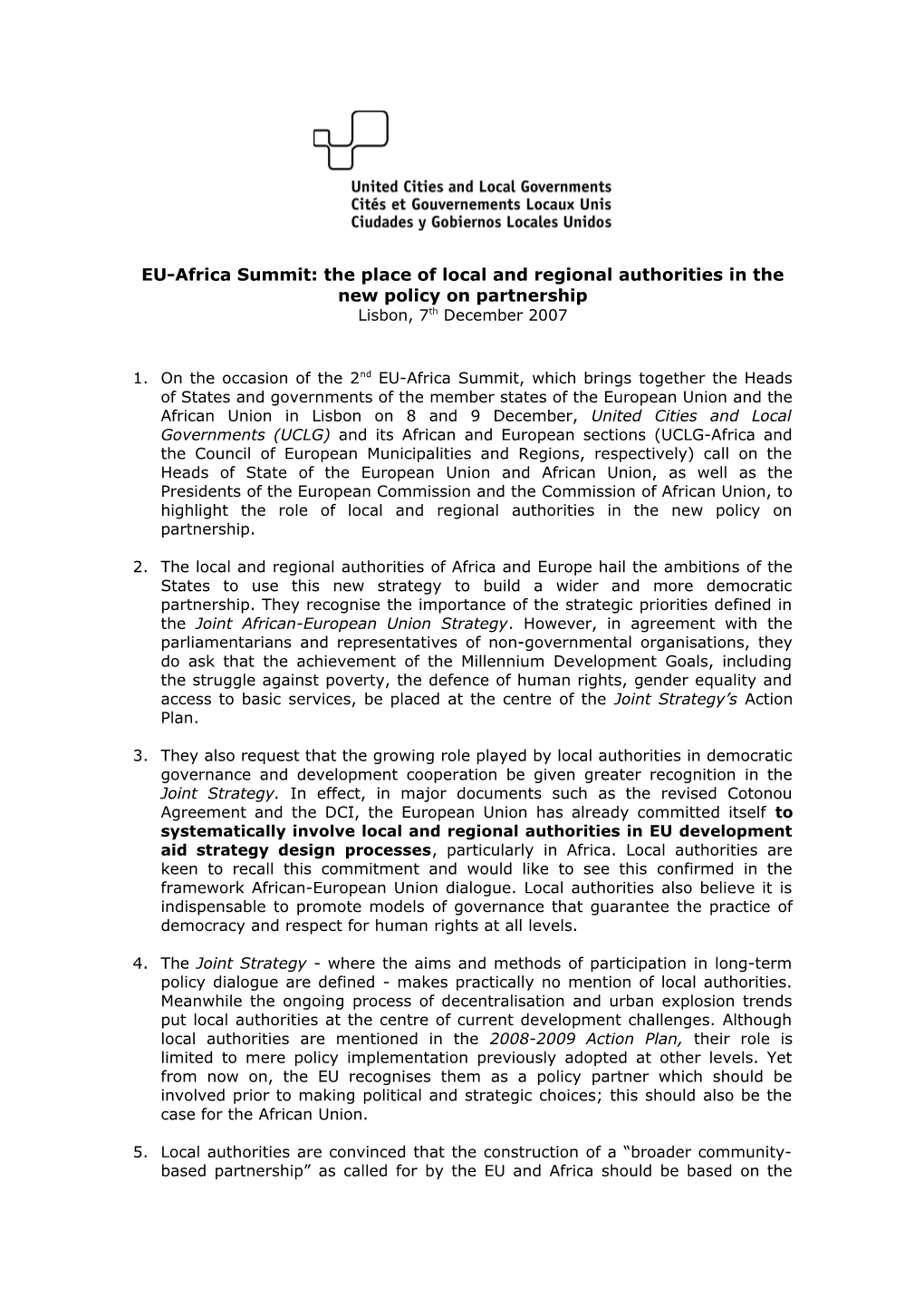 Sommet UE-Afrique: La Place Des Autorités Locales Dans La Nouvelle Politique De Partenariat