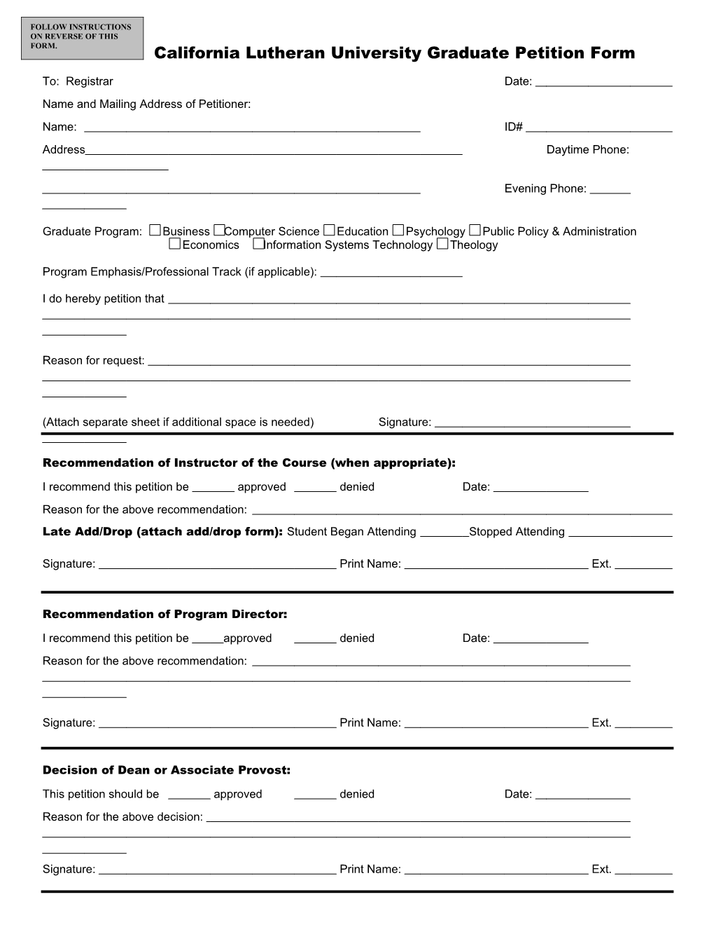 California Lutheran University Graduate Petition Form