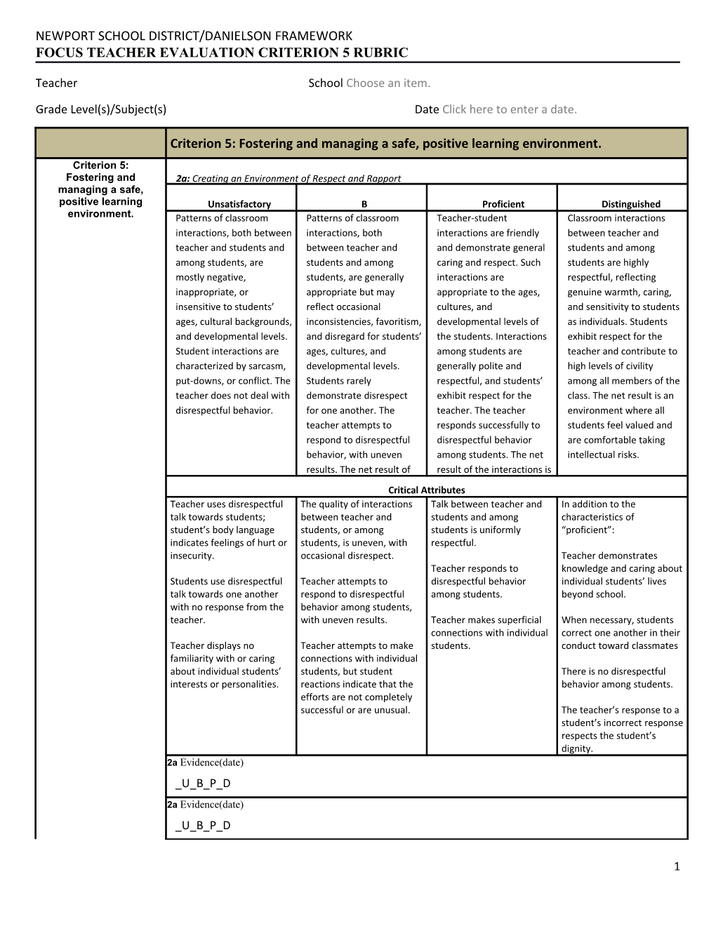 Focus Teacher Evaluation Criterion 5Rubric