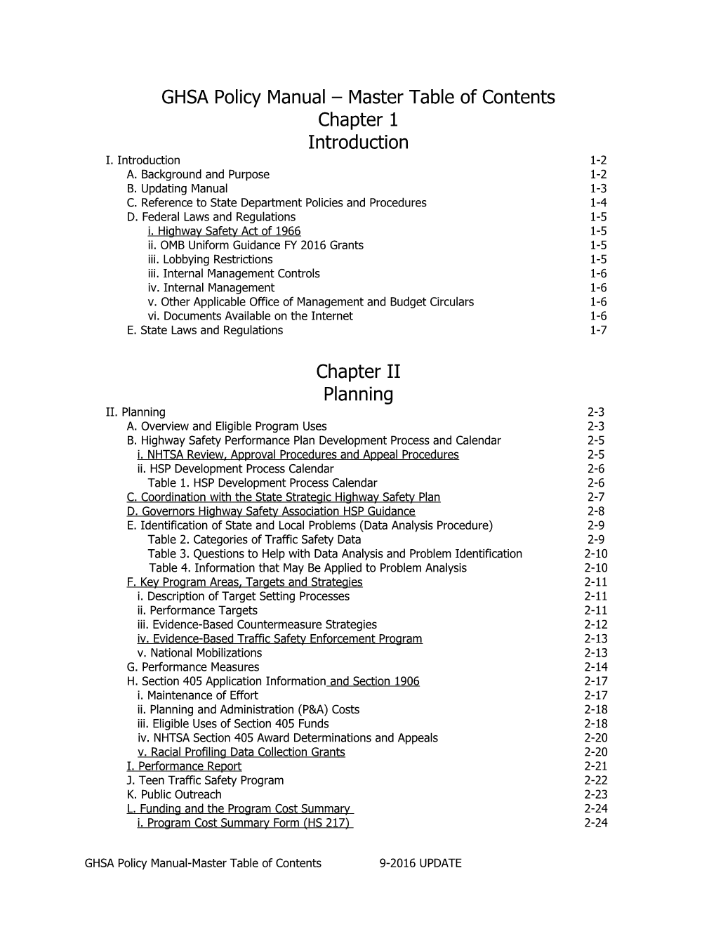 GHSA Policy Manual Master Table of Contents
