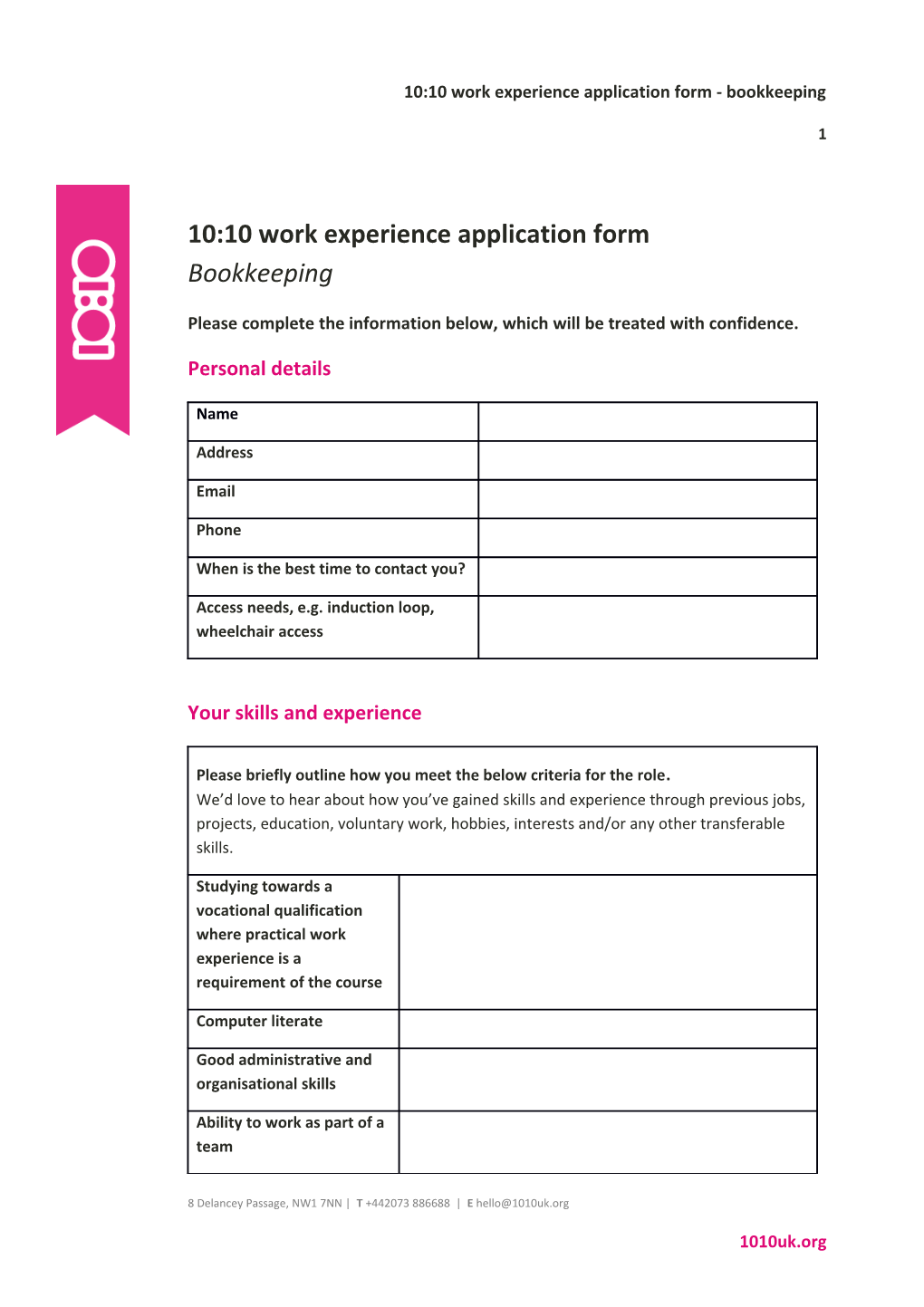 10:10 Work Experience Application Form - Bookkeeping