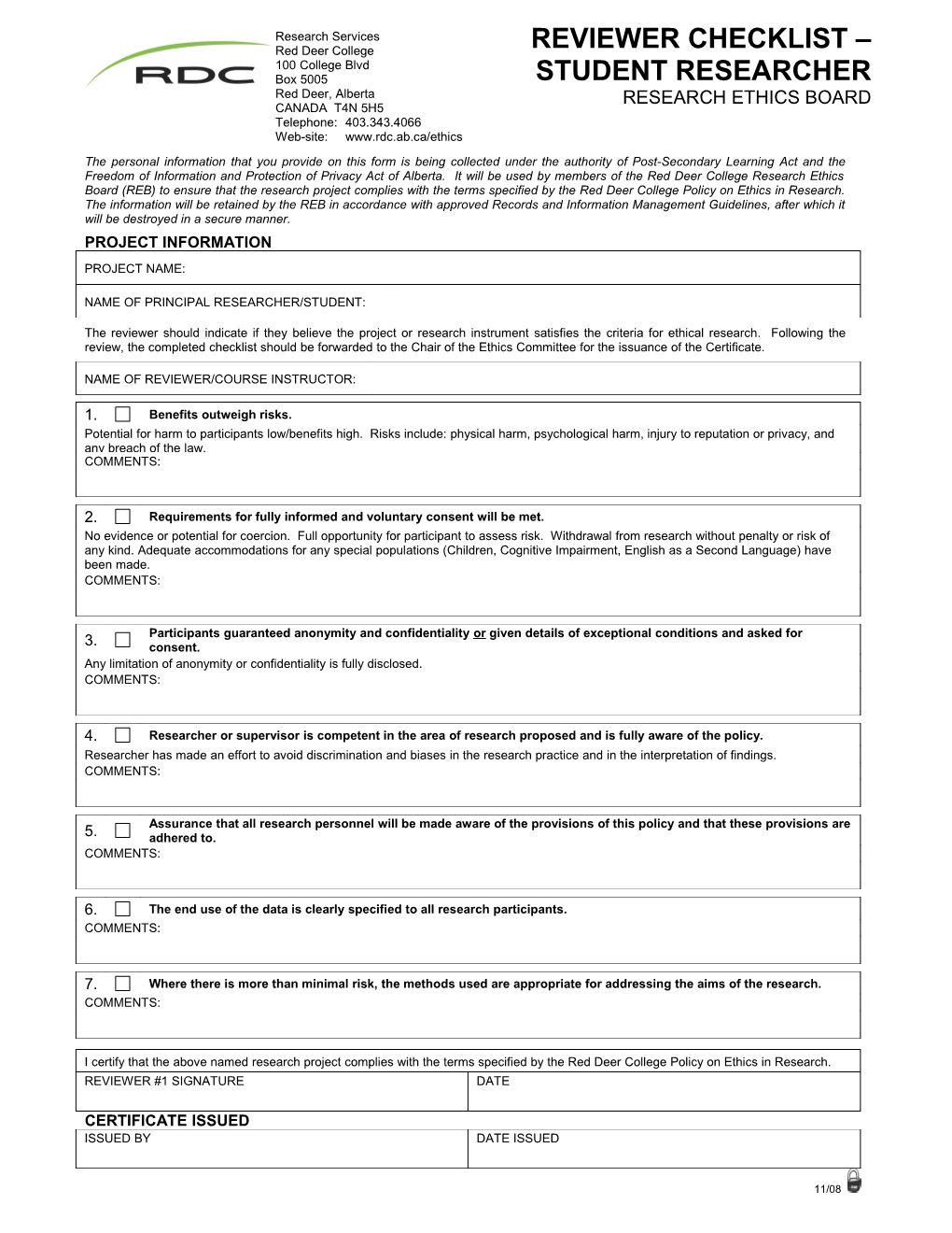 Reviewer Checklist - Student Researcher - Research Ethics Board