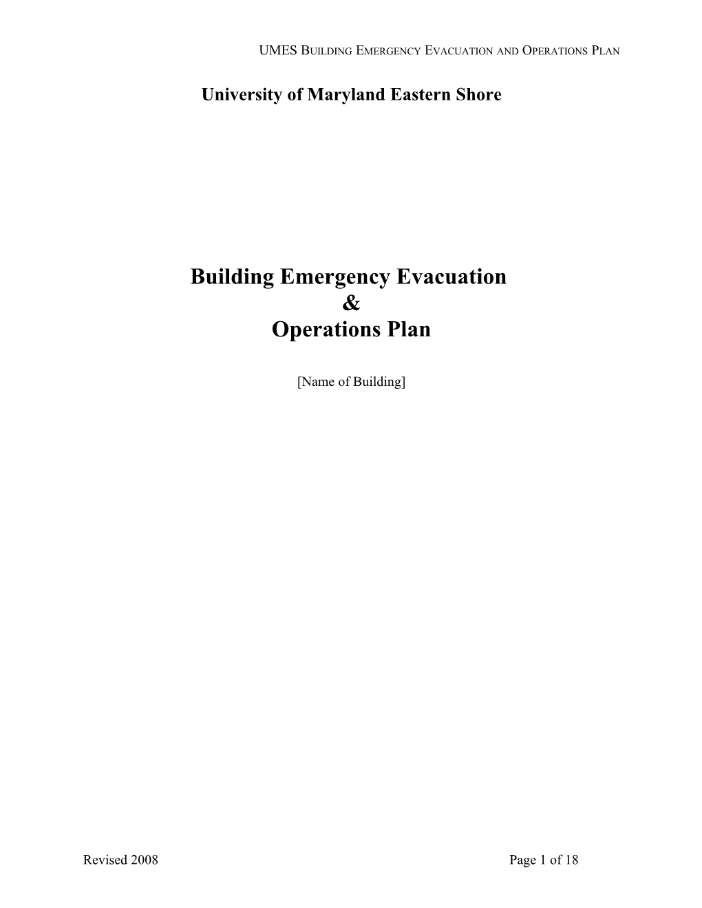 UMES Building Emergency Evacuation and Operations Plan