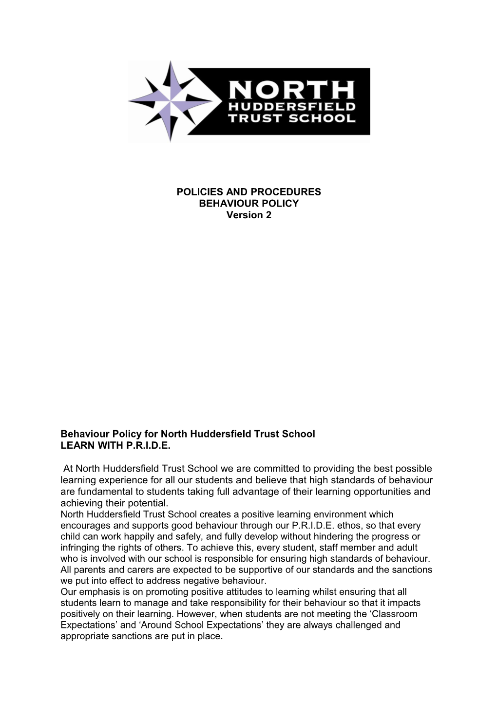 Behaviour Policy for North Huddersfield Trust School