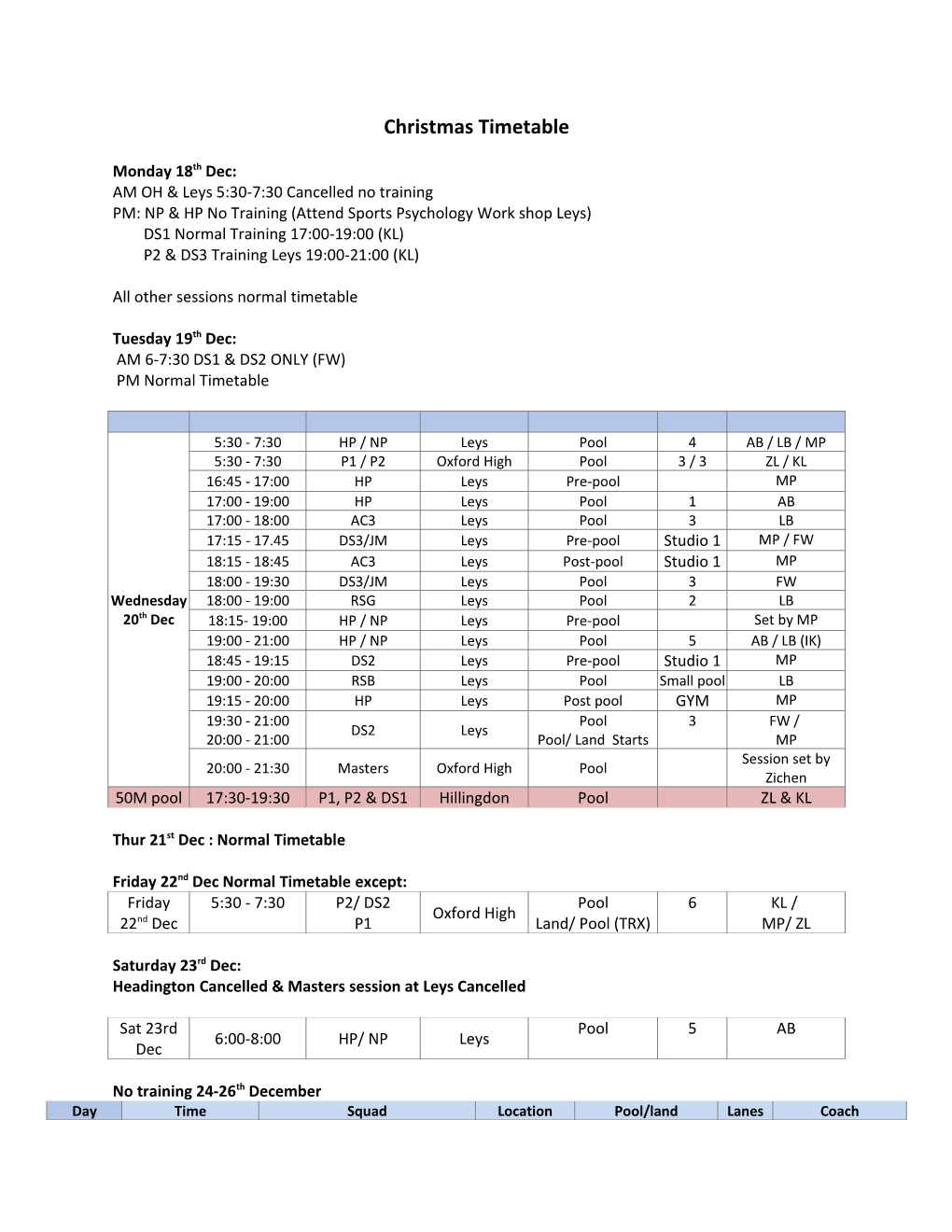 Christmas Timetable