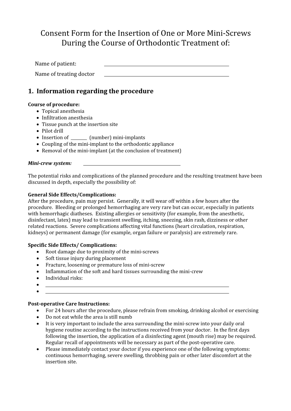 Consent Form for the Insertion of One Or More Mini-Screws