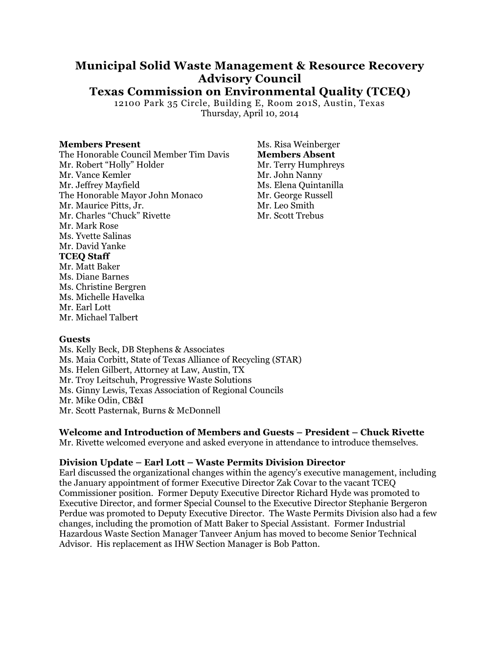 Municipal Solid Waste Management & Resource Recovery Advisory Council Texas Commission