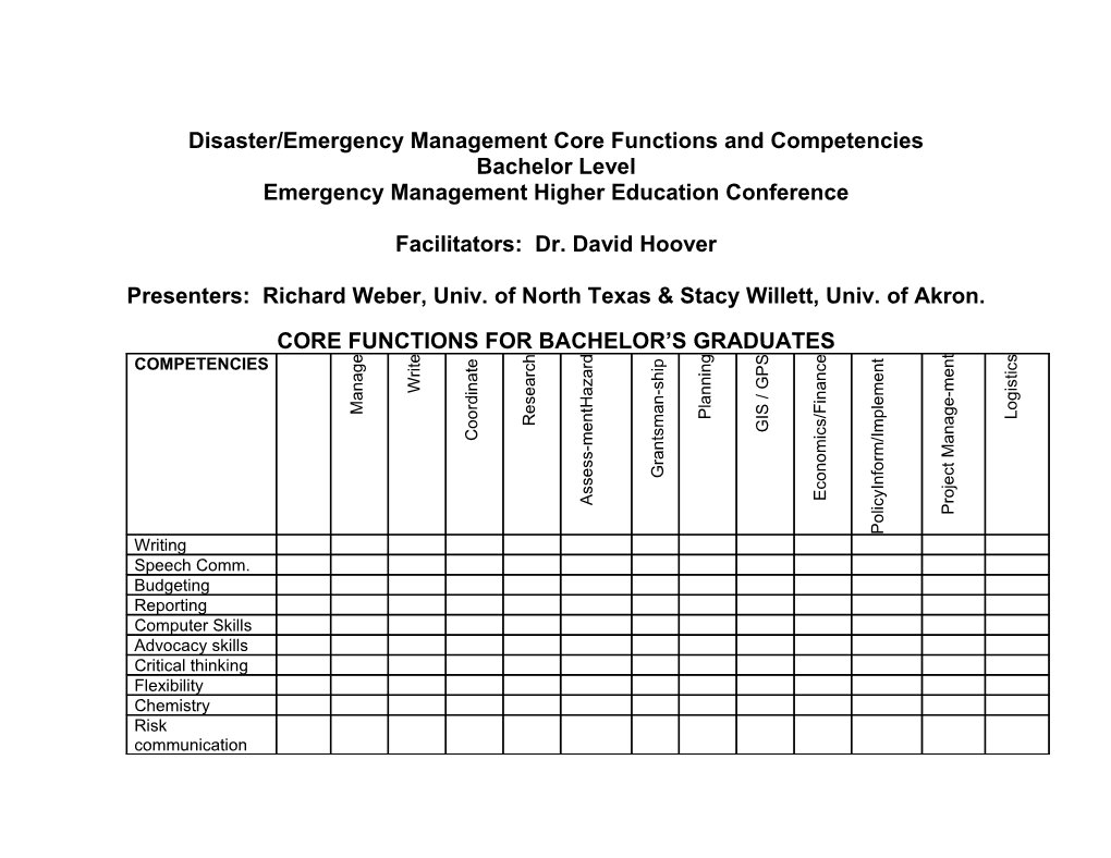 Disaster/Emergency Management Core Functions and Competencies