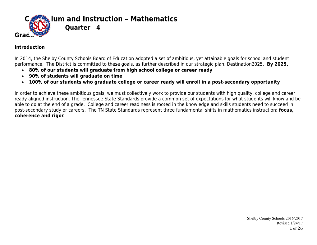 Shelby County Schools Mathematics Instructional Maps Are Standards-Based Maps Driven By