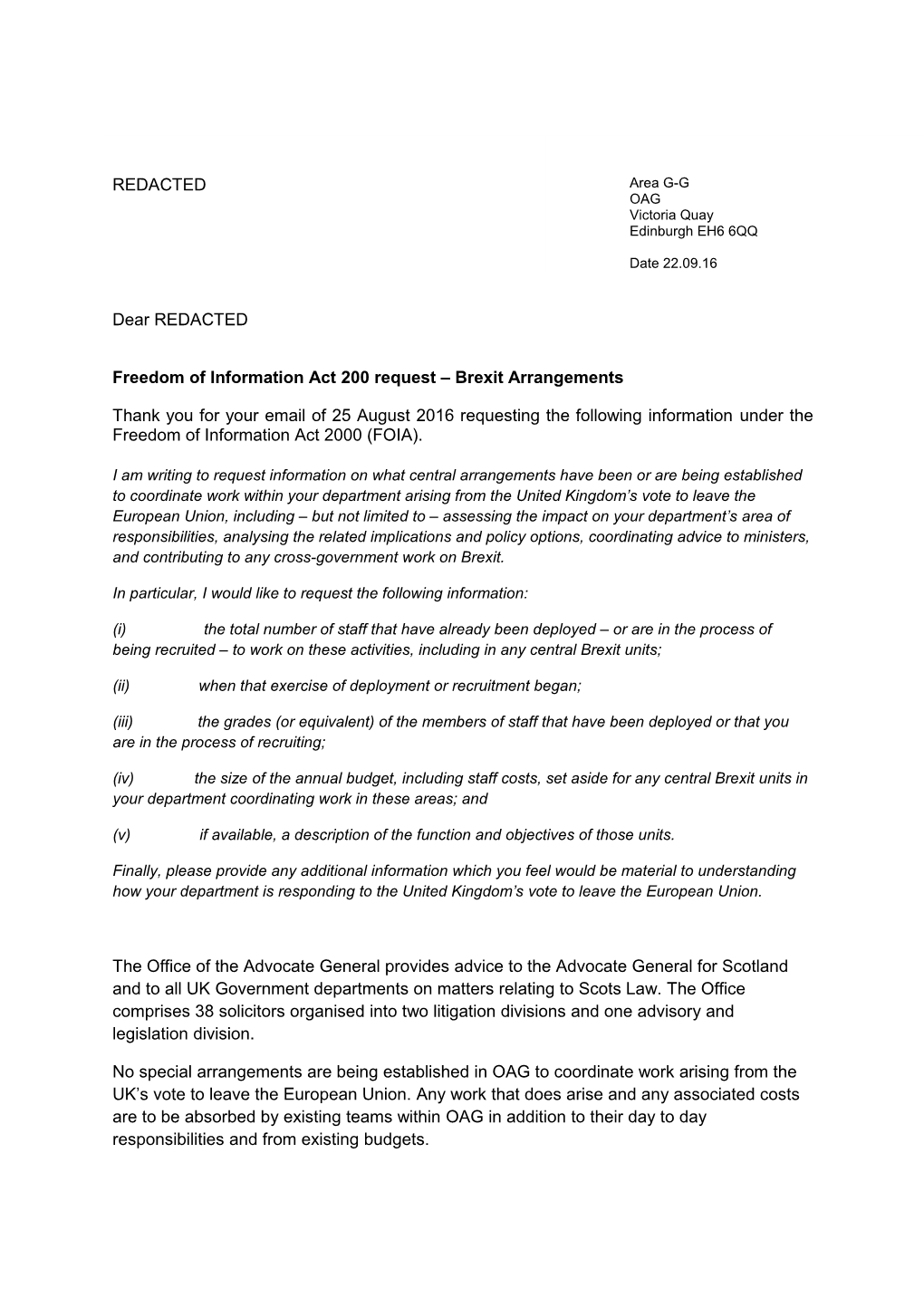 Freedom of Information Act 200 Request Brexit Arrangements