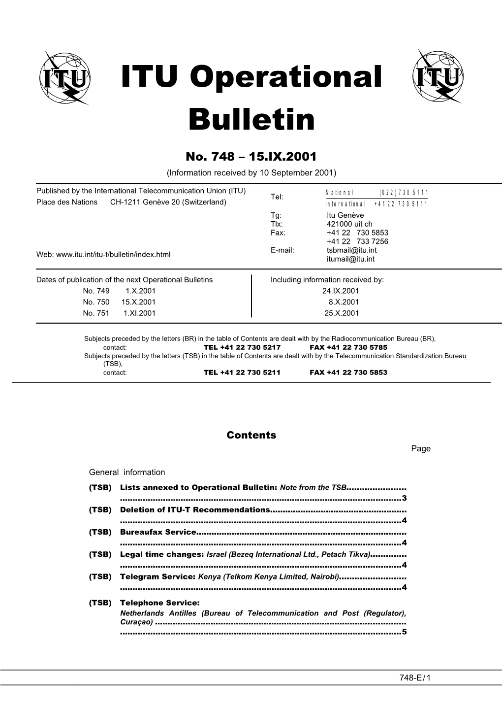 ITU Operational Bulletin 748 - 15.IX.2001