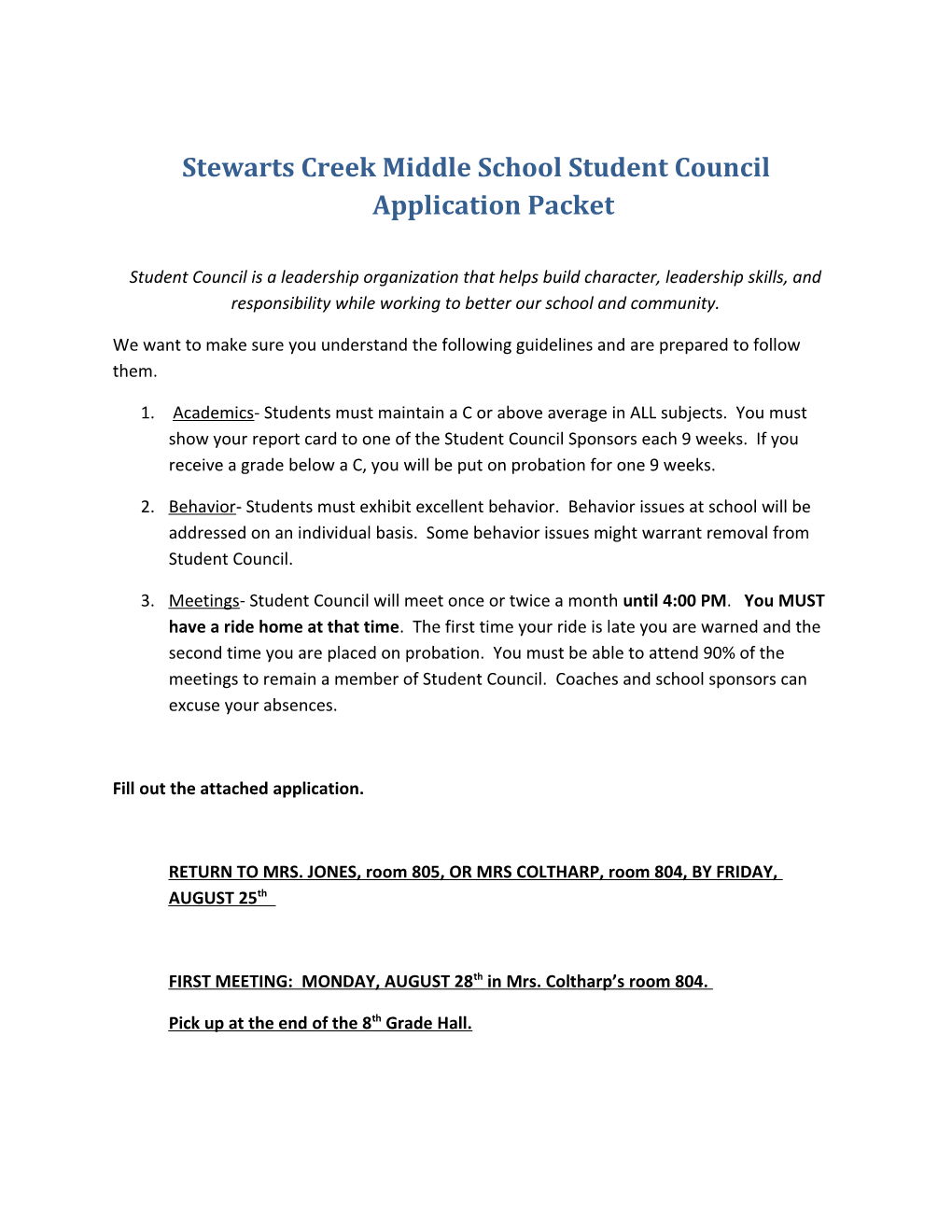 Stewarts Creek Middle School Student Council Application Packet