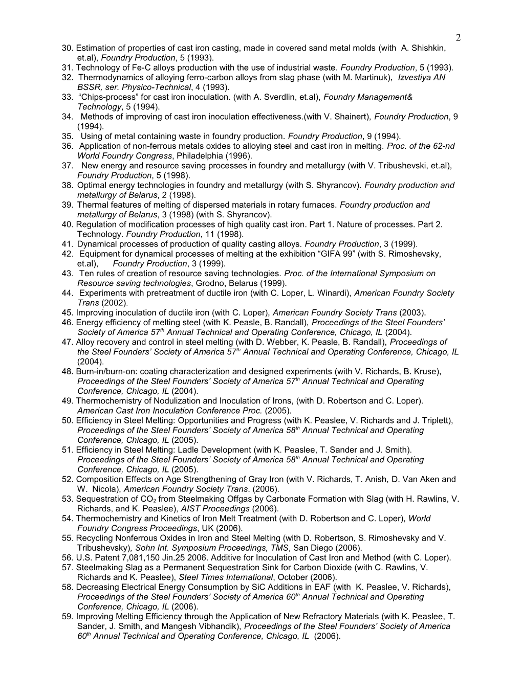List of the Main Publications