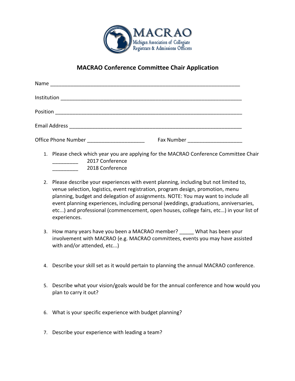 MACRAO Conference Committee Chair Application