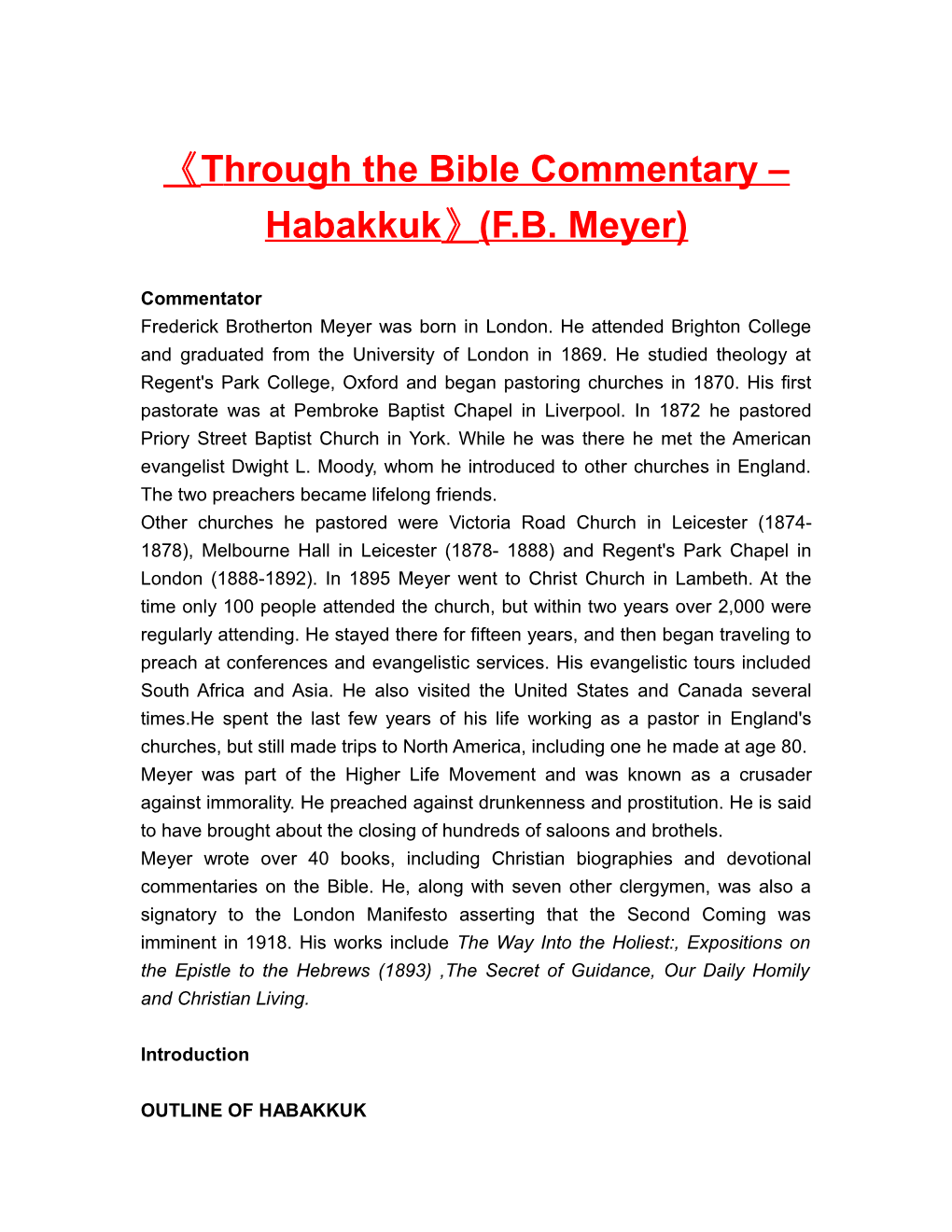 Through the Bible Commentary Habakkuk (F.B. Meyer)