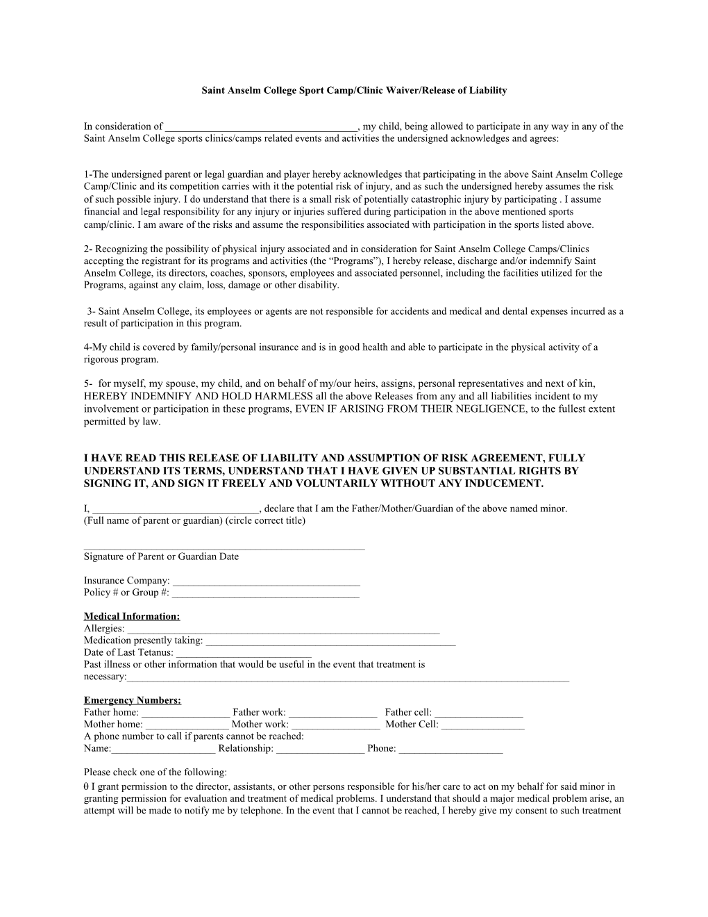 Saint Anselm College Sport Camp/Clinic Waiver/Release of Liability