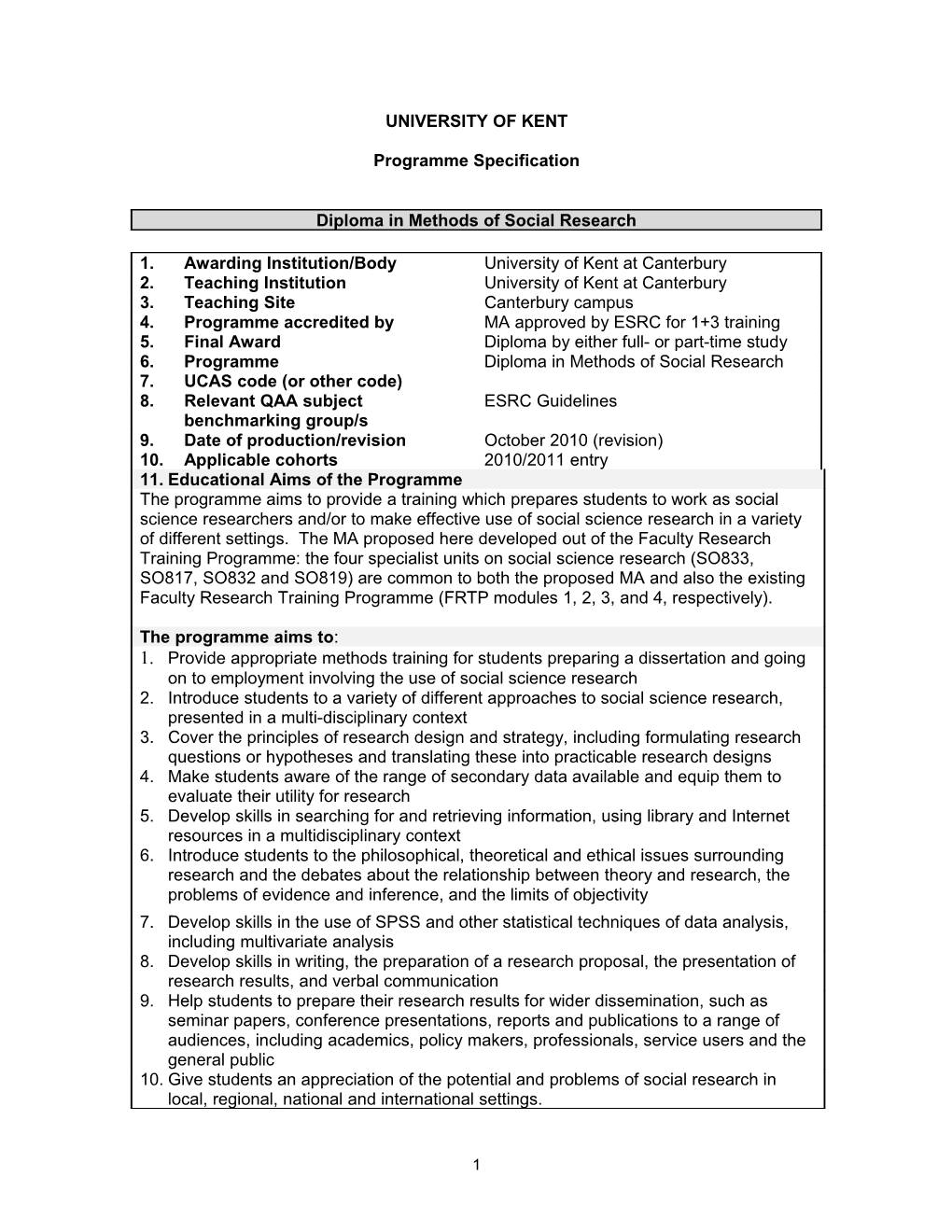 UKC Programme Specifications Template