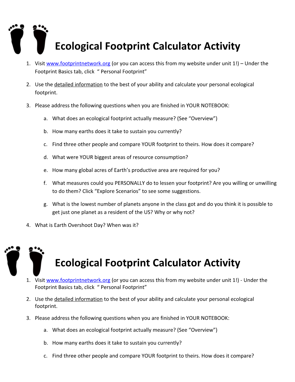 Ecological Footprint Calculator Activity