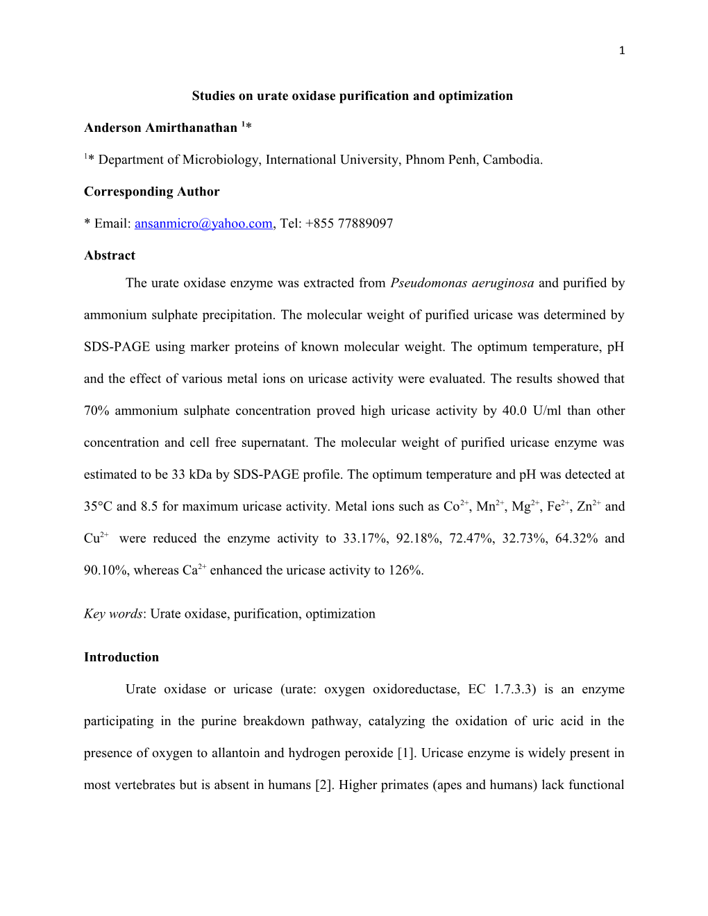 Studies on Urate Oxidase Purification and Optimization