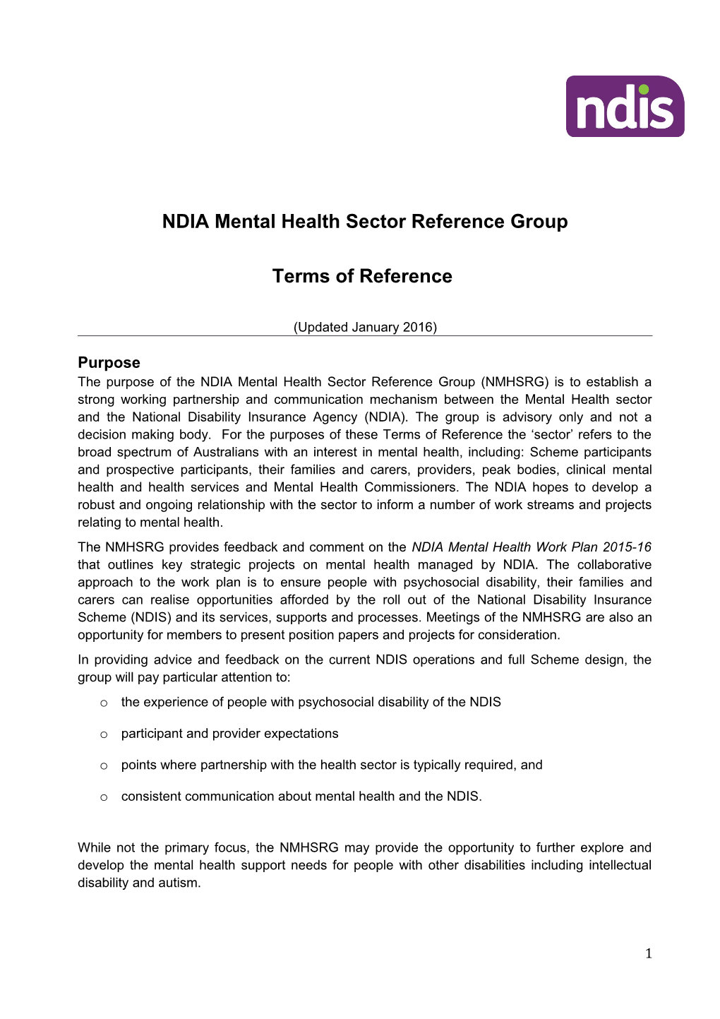 NDIA Mental Health Sector Reference Group
