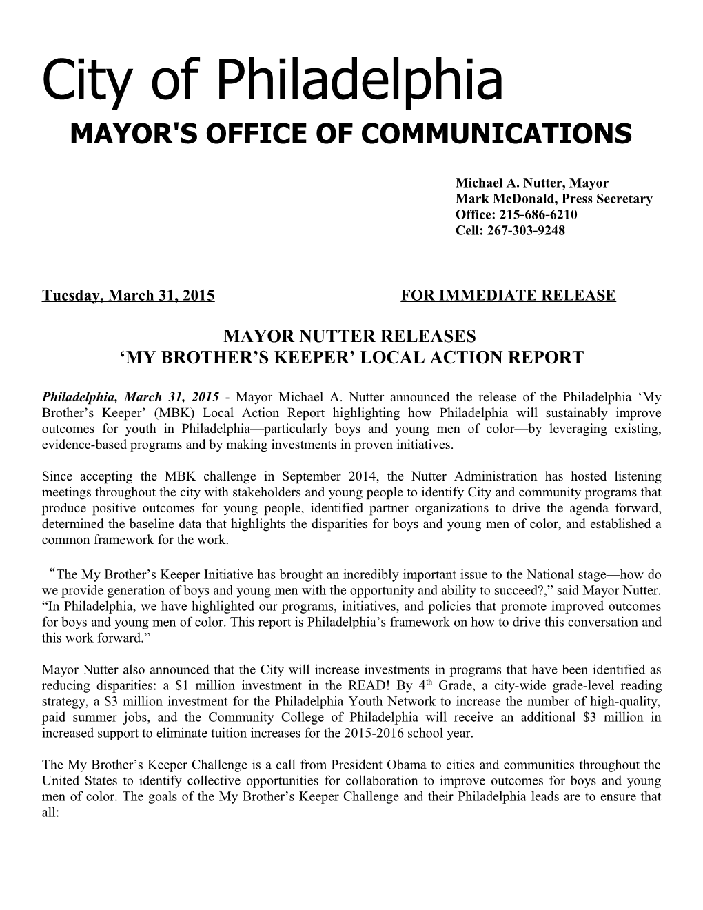 Tuesday, March 31, 2015 for IMMEDIATE RELEASE