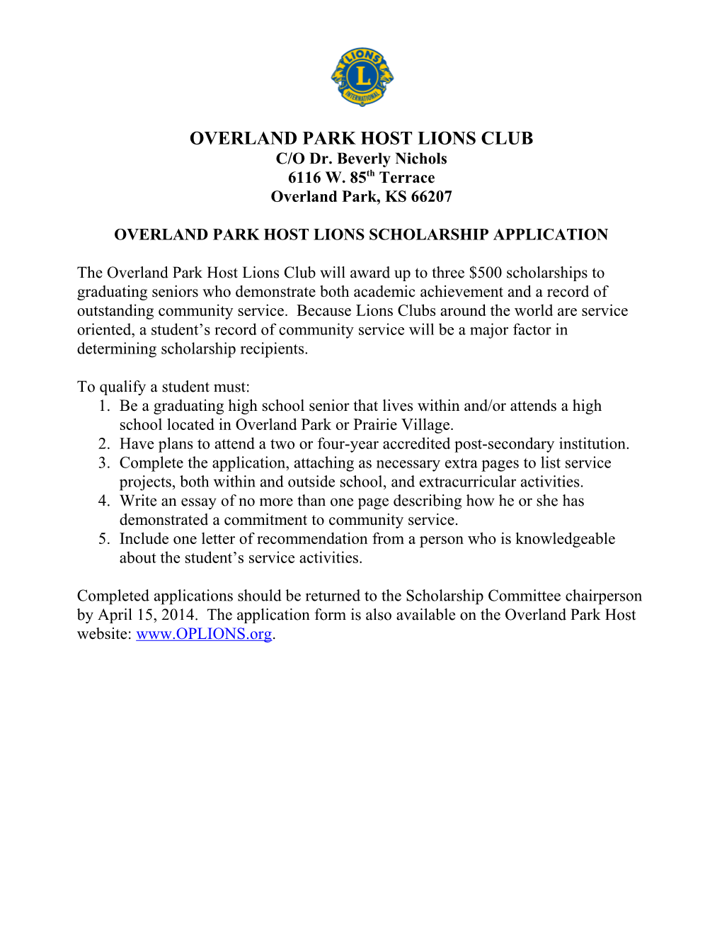 Overland Park Host Lions Club Scholarship Application 2009