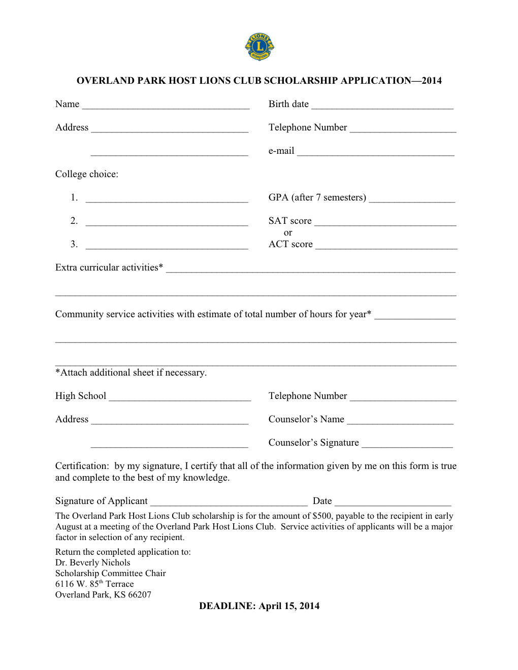 Overland Park Host Lions Club Scholarship Application 2009
