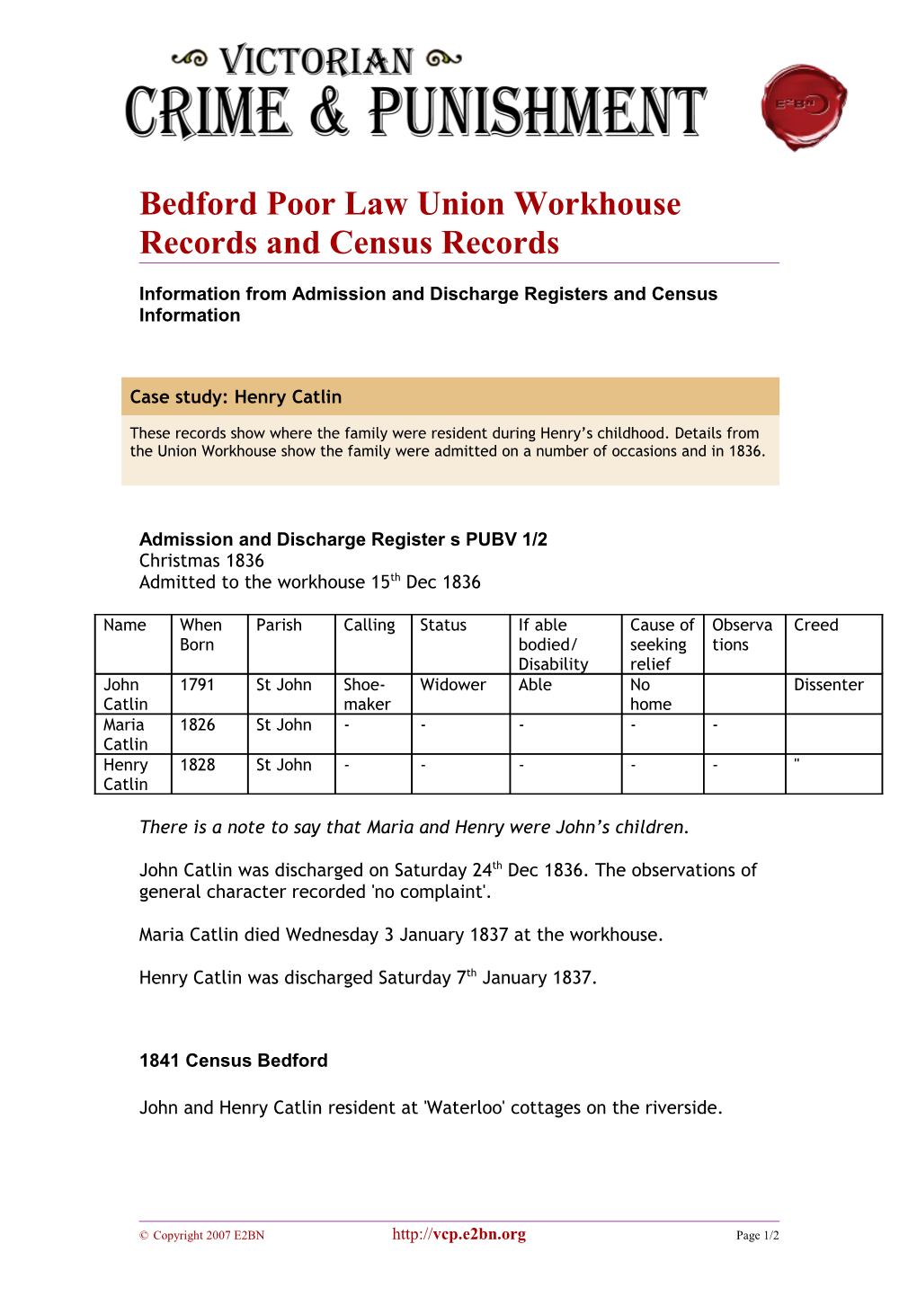Bedford Poor Law Union Workhouse Records and Census Records