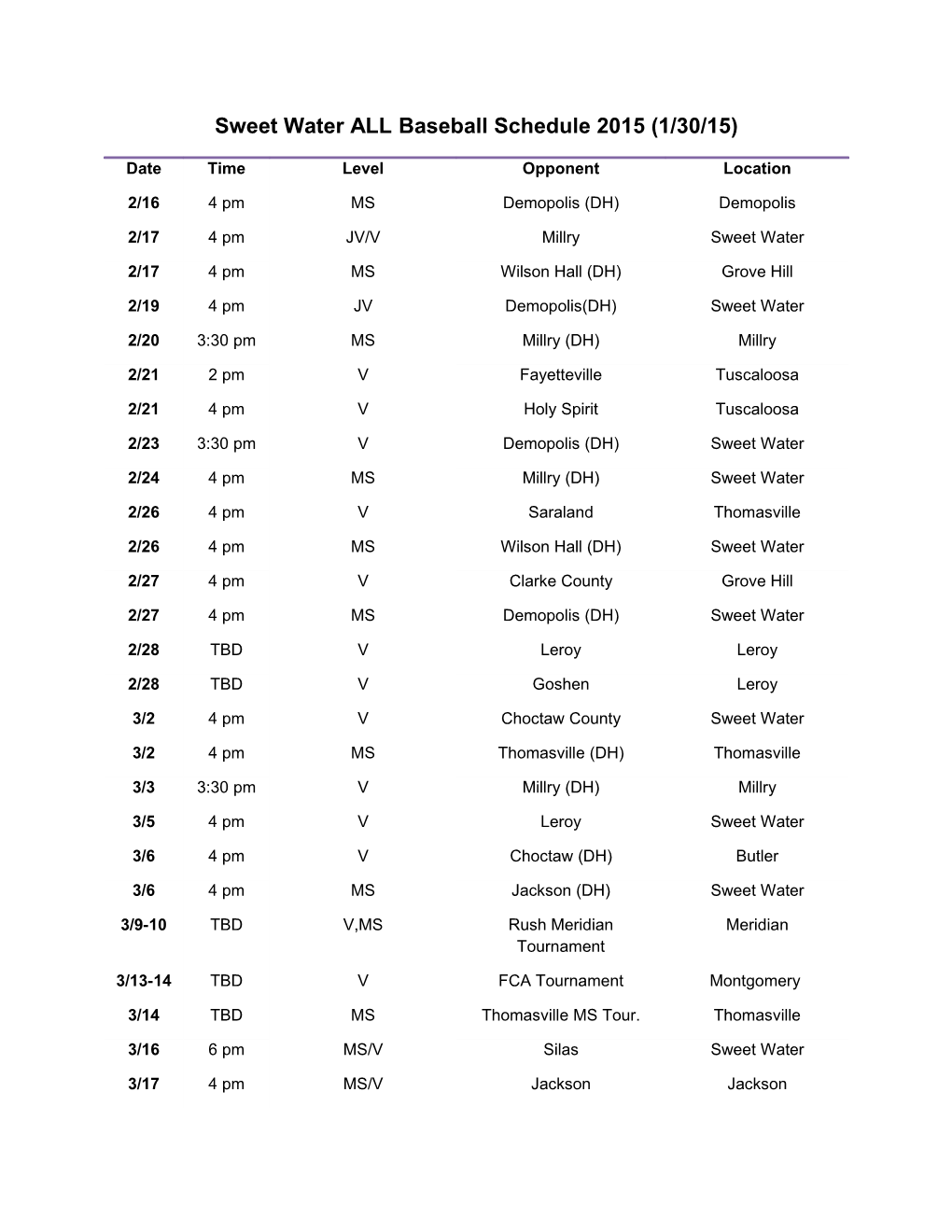 Sweet Water ALL Baseball Schedule 2015 (1/30/15)