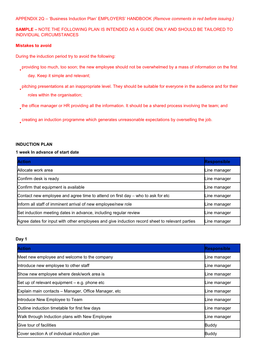 APPENDIX 2Q Business Induction Plan EMPLOYERS HANDBOOK (Remove Comments in Red Before Issuing.)
