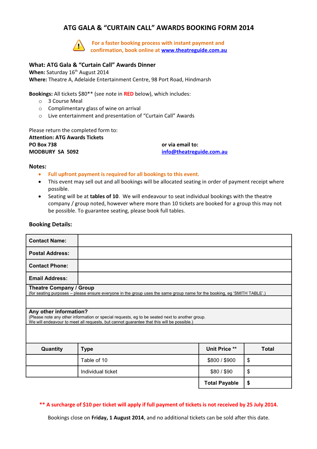 Atggala & Curtain Call Awards Booking Form 2014