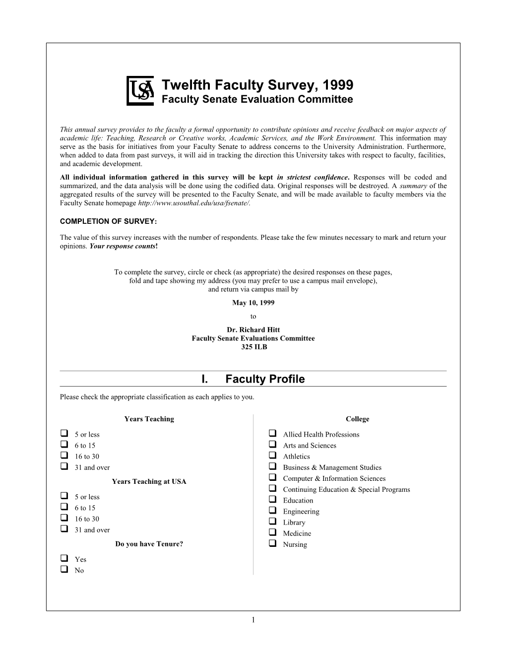 Twelfth Faculty Survey, 1999