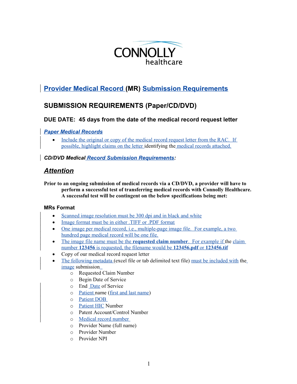 Provider Medical Record Submission Requirements