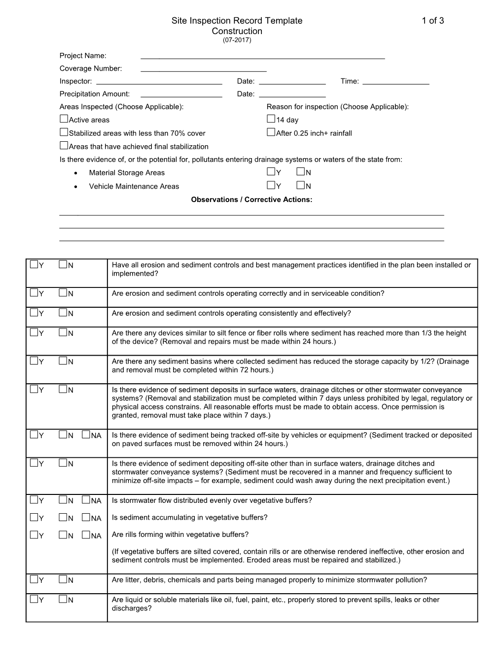 Site Inspection Record Template 3 of 3