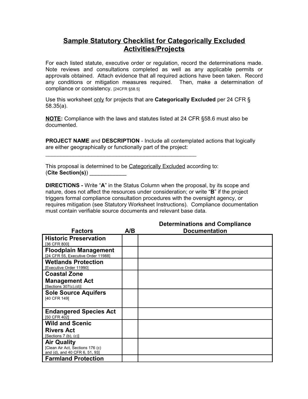 Sample Statutory Checklist for Categorically Excluded Activities/Projects