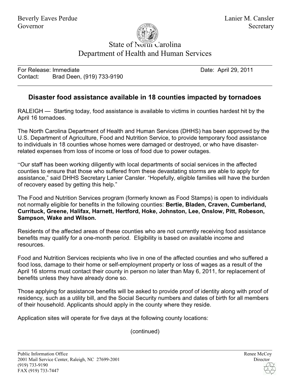 Disaster Food Assistance Available in 18 Counties Impacted by Tornadoes