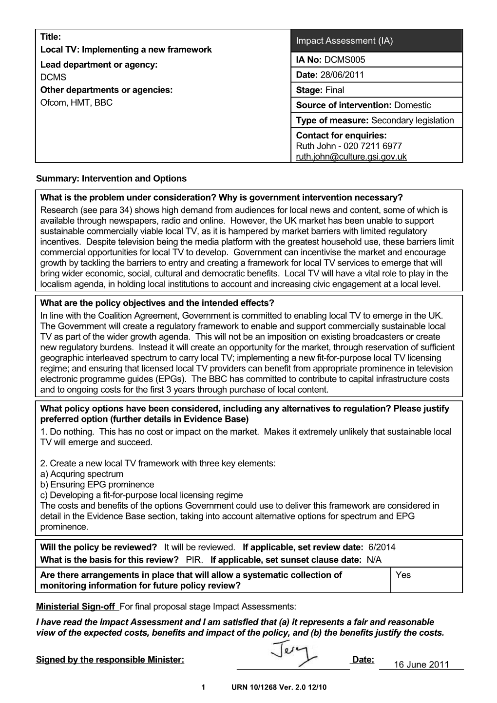 Impact Assessment - Local TV: Implementing a New Framework