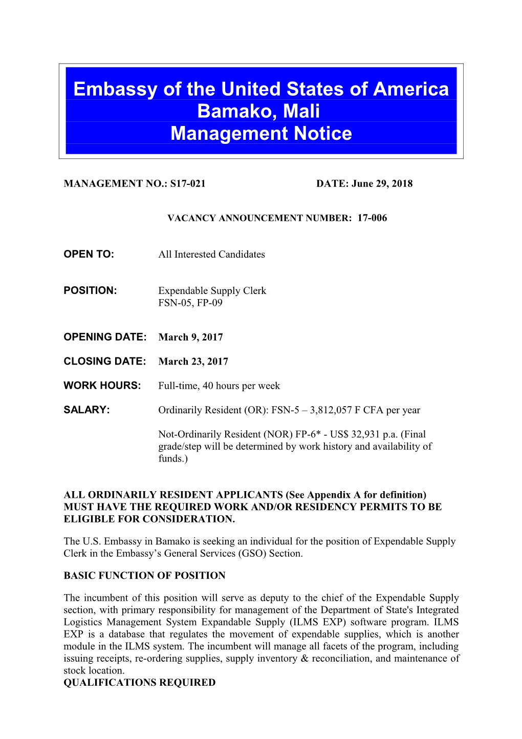 MANAGEMENT NO.: S17-021 DATE: March 9, 2017