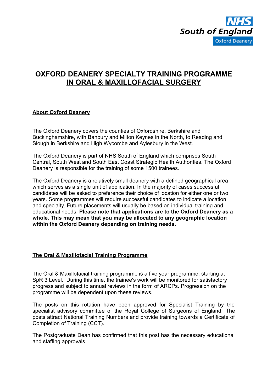 Oxford Deanery Specialty Training Programme in Oral & Maxillofacial Surgery