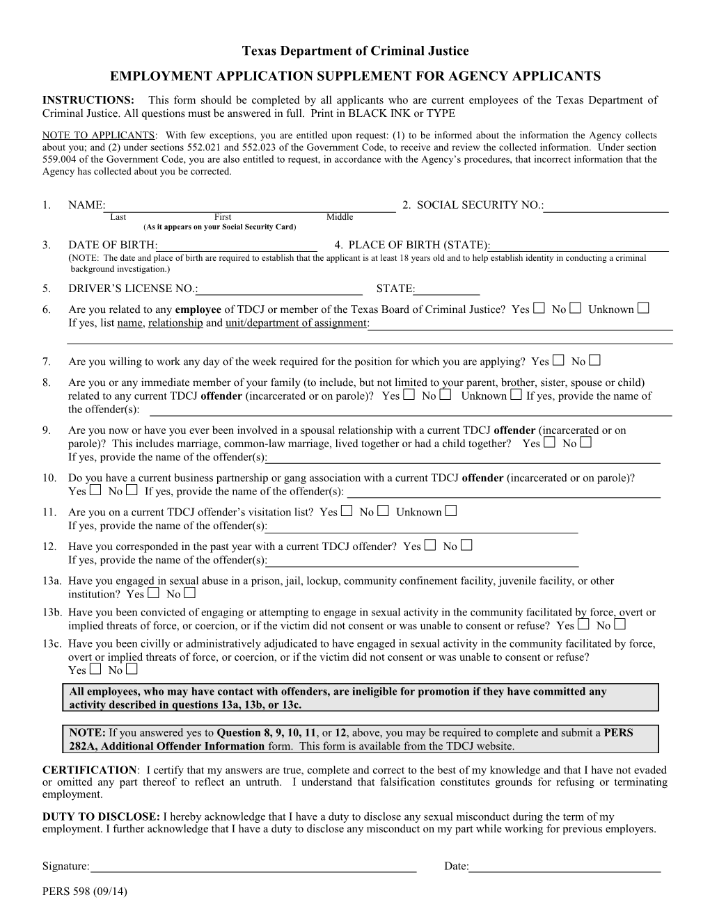 TDCJ Employment Application Supplement