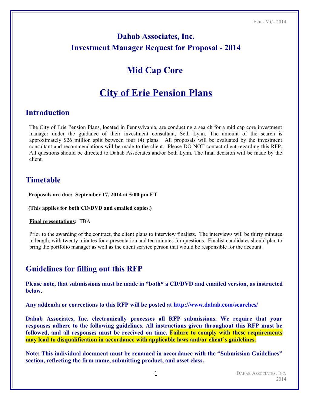 Investment Manager Request for Proposal - 2014