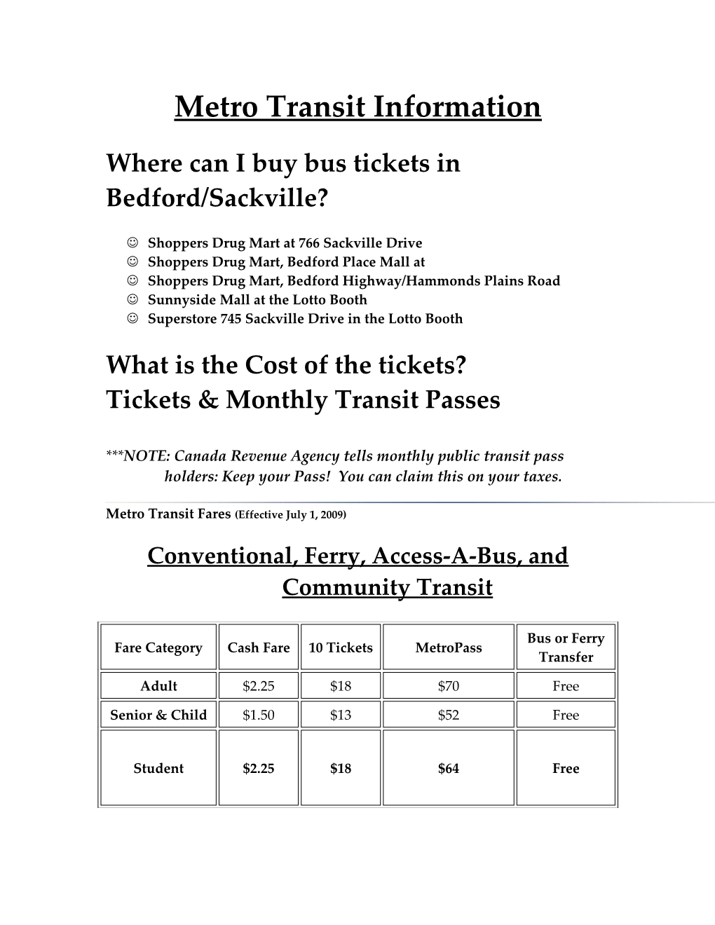 Metro Transit Information