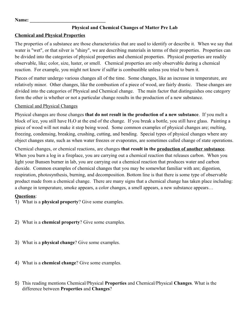 Physical and Chemical Changes of Matter Pre Lab